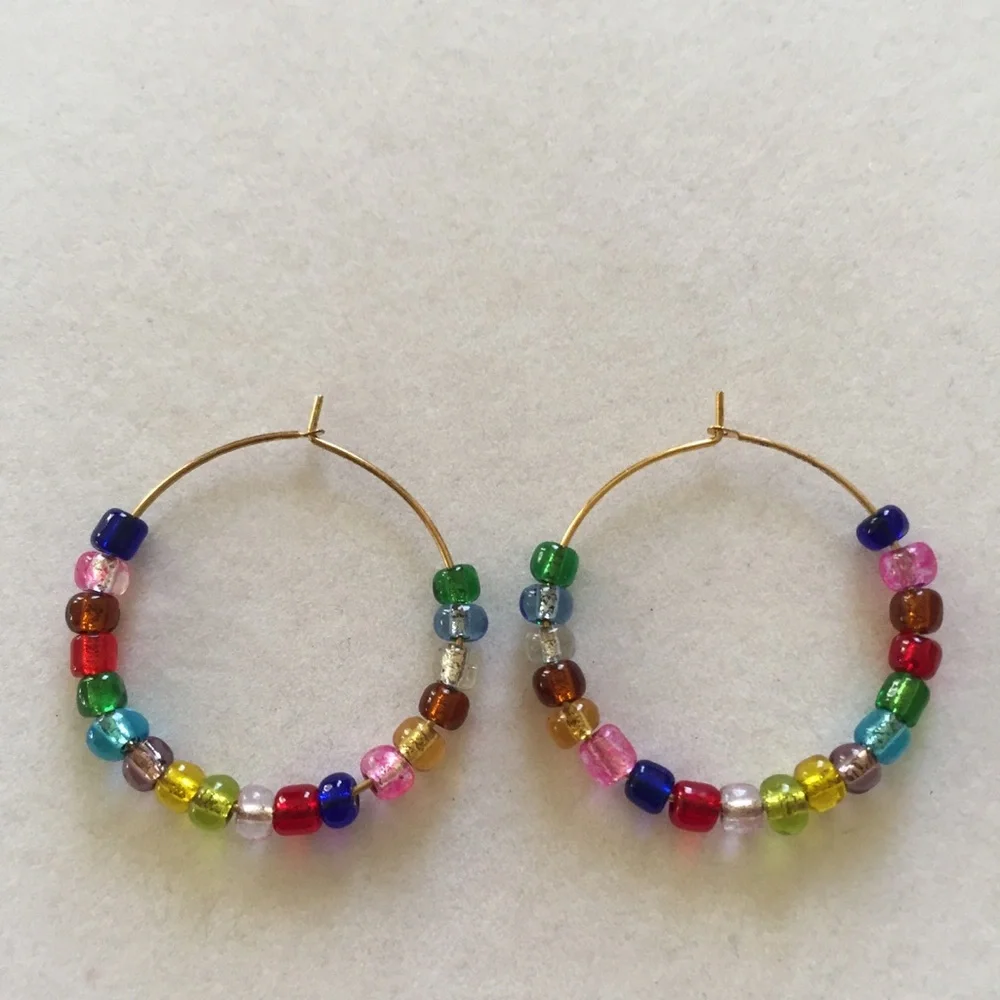 HAND CRAFTED Hoop Earrings Jewel Tones Multicolor Rainbow Pierced